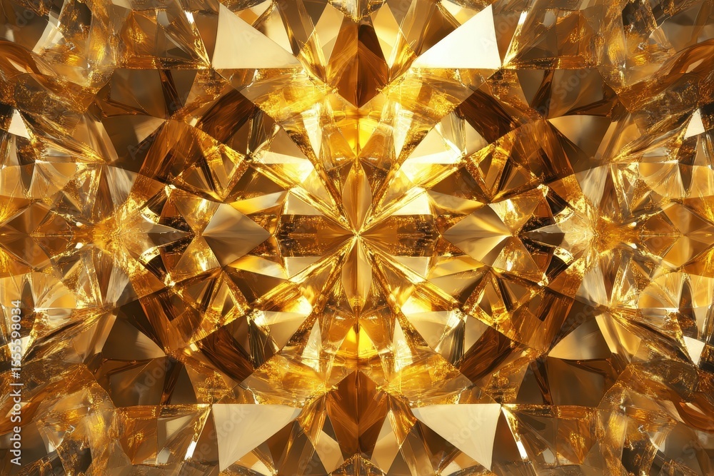 Poster golden kaleidoscope reflection creates mesmerizing abstract patterns with intricate details shifting