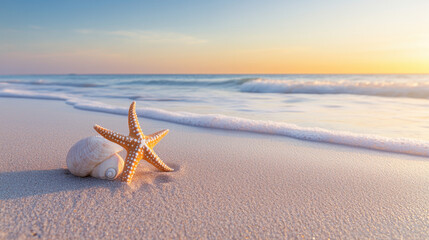 A serene beach scene at sunrise adorned with a starfish and seashell on sandy shore accompanied by calm waves and anticipation of an idyllic summer vacation