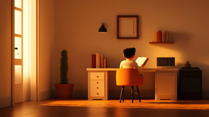 Fototapeta premium Young person sitting on orange chair reading book at desk in warmly lit room with plant and kitchen appliances