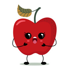 Cute kawaii red apple with big eyes and happy face