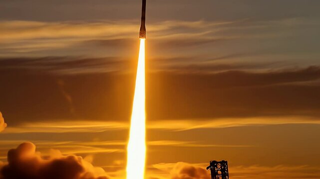 Rocket launching into golden sunset sky