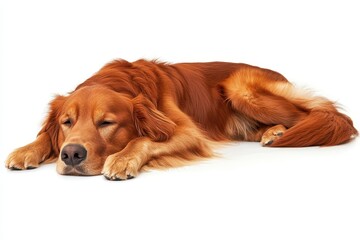 Obraz premium Sad golden retriever dog lying on the floor, looking tired and lonely in a quiet indoor space during a calm afternoon
