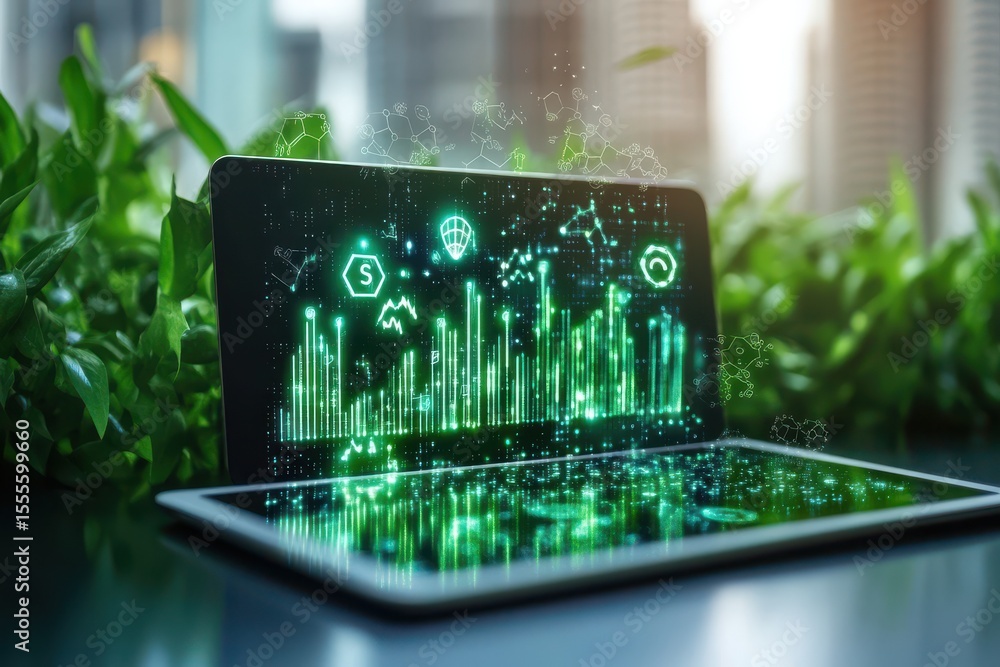Poster a tablet with a green screen displaying a graph of some sort. esg investment strategy concept with h