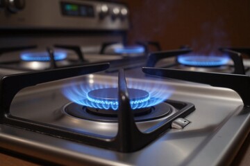 close up of a gas stove with blue flames