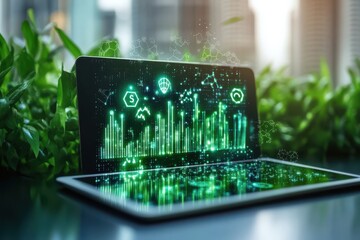 A tablet with a green screen displaying a graph of some sort. ESG investment strategy concept with holographic icons on tablet in business setting.