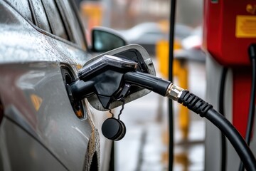 A car is being filled with gas at a gas station. The car is silver and has a black cap on the gas tank. EV charging plug VS gas pump nozzle electric vehicle concept.
