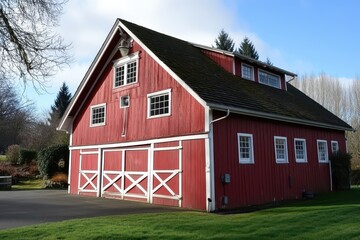 Obraz premium Classic red barn with white trim stands amidst green grass and trees in a serene rural setting during the day
