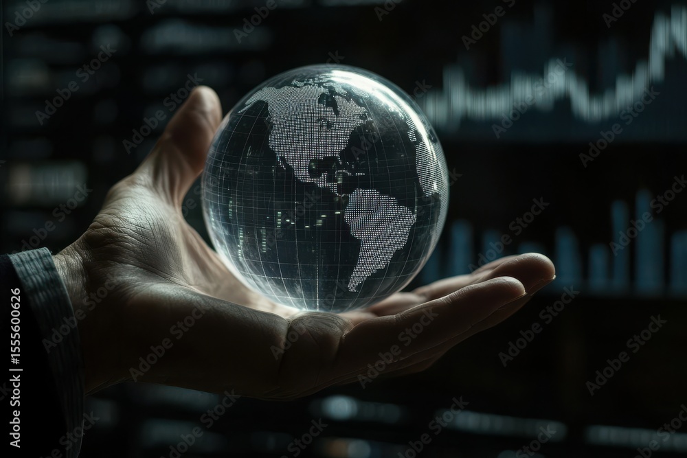 Poster a hand holding a globe with a light shining. financial chart and graphs with hand holding digital gl