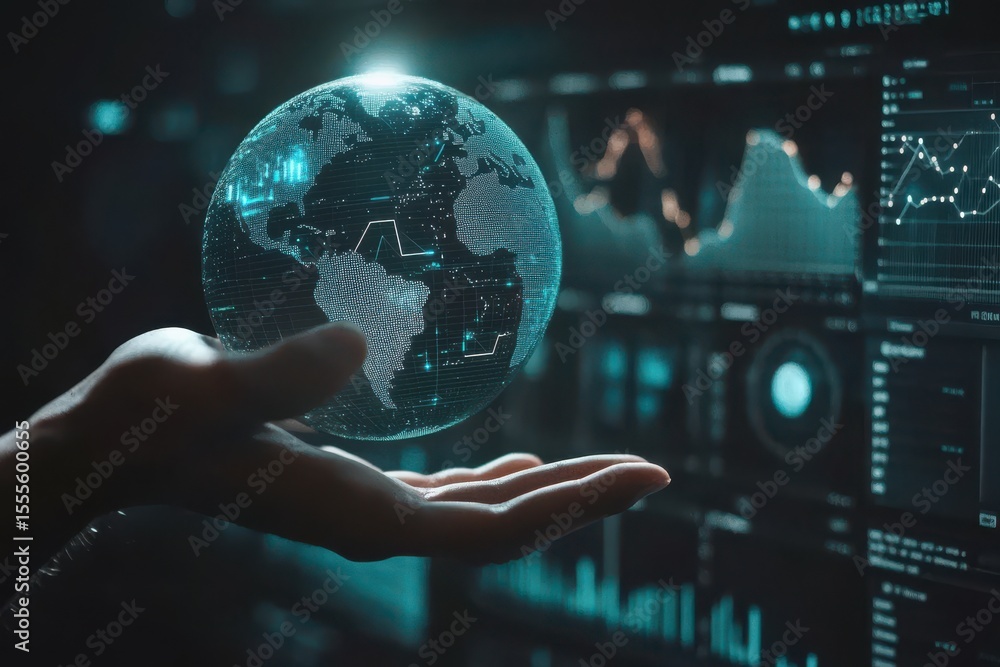 Poster a hand holding a globe with a light shining. financial chart and graphs with hand holding digital gl
