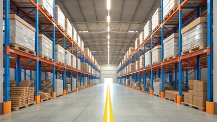 Modern industrial warehouse interior with tall blue and orange metal racking systems filled with stacked boxes and pallets