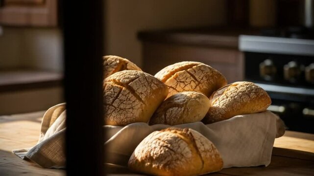Freshly baked artisanal bread displayed on rustic wooden kitchen table in cozy warm light