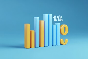 Financial chart with percentages and data bars on blue background, 3D Rendering. A blue background with a series of colorful bars with the word percent on top.