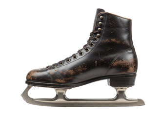 Vintage brown leather ice skates with laces and metal blades isolated on transparent background