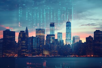 A city skyline with a large building in the middle. Financial data graphs overlapping New York City skyline at dusk.