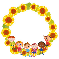 向日葵の花の丸いフレームに子供達が座って手を振っている