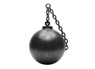 Heavy metal wrecking ball with thick chain isolated on transparent background