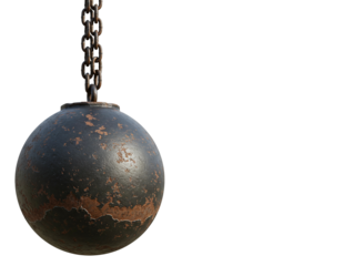 Heavy metal wrecking ball with thick chain isolated on transparent background