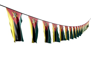 pretty national holiday flag 3d illustration
 - many Mozambique flags or banners hangs diagonal with perspective view on rope isolated on white