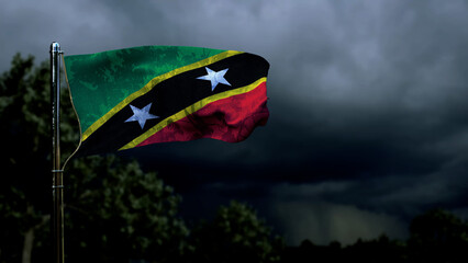 Saint Kitts and Nevis flag for day of the flag on dark storm cumulus clouds - abstract 3D rendering