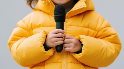 Cute little child holding microphone wearing yellow winter jacket with hood on gray background