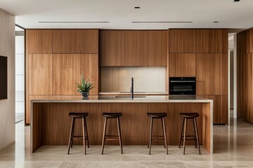 Modern kitchen design featuring wooden cabinetry and a sleek marble countertop with stylish bar stools, perfect for contemporary living spaces and entertaining guests