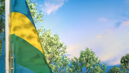 Rwanda hanging flag with trees and sky for day of the flag - object 3D illustration