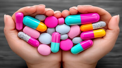 Colorful pills in cupped hands
