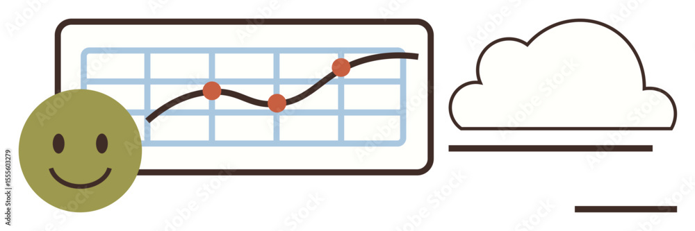 Poster happy face next to data chart with ascending graph line and cloud icon. ideal for data analysis, suc