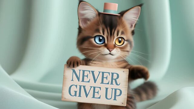 Brown Tabby Kitten Portrait With Heterochromia In Top Hat Holding Motivational Never Give Up Sign Against Soft Teal Fabric