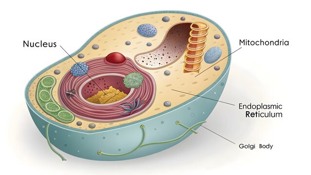 Detailed illustration of an animal cell showing nucleus endoplasmic reticulum and mitochondria