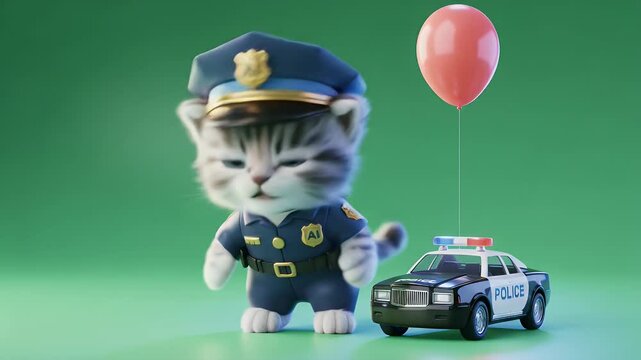 Cartoon Cat Police Officer With Toy Car and Red Balloon In Green Background