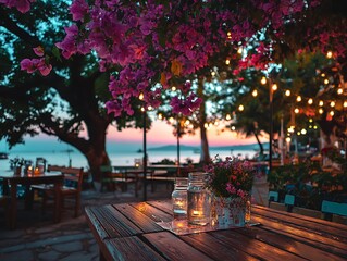 Outdoor seaside restaurant at sunset