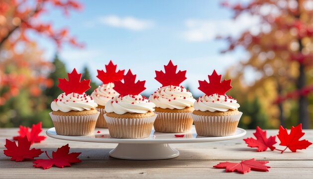A red maple leaf design on cupcakes arranged on a Canada Day dessert table.