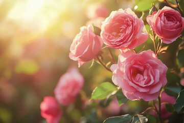 Obraz premium Lush pink roses illuminated by warm sunlight in a vibrant garden setting during the golden hour