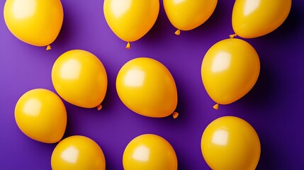 Bright yellow balloons float against a vibrant purple backdrop, creating a festive and cheerful party atmosphere