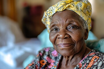 Joyful senior black woman enjoying her time in a nursing home while wearing a vibrant head wrap and a floral dress amidst warm surroundings