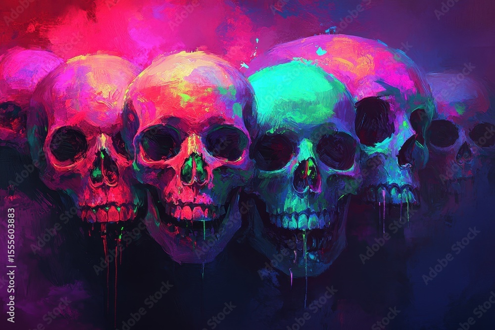 Poster group of vibrant neon color painted skulls arranged in a captivating display highlighting artistic e