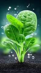 Fresh spinach sprout in soil with water droplets
