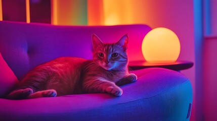 Relaxed tabby cat rests on a modern couch bathed in vibrant neon lights, a cozy indoor scene with a warm, inviting ambiance.