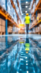 Warehouse worker walking in flooded aisle