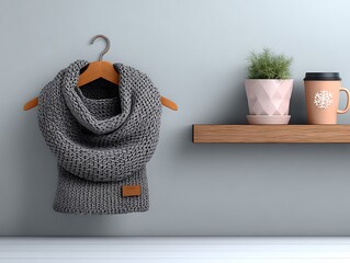 Knitted gray scarf on wooden hanger, shelf with plant and coffee mug