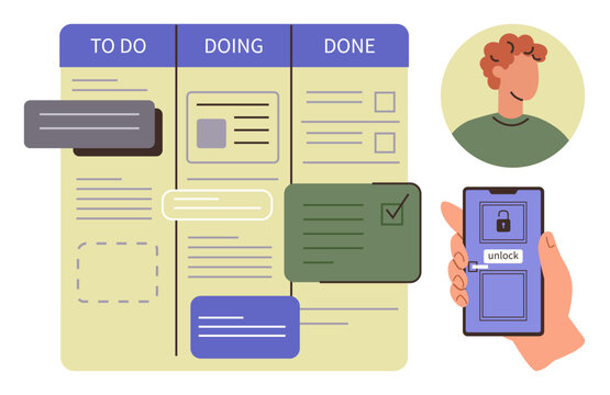 Task board with To Do, Doing, and Done sections, mobile phone unlocking icon, user avatar. Ideal for workflow, planning, time tracking, productivity organization collaboration simple flat metaphor