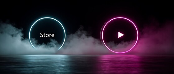 Neon circles, smoky backdrop