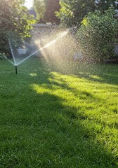 sprinkler spraying water on green grass, Sprinkler irrigates vibrant green lawn outdoors. Sunlight shines through water droplets. Private home garden setting. Summer day scene. Water sprays across gra
