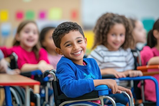 Happy diverse children in classroom celebrating inclusivity while engaging in fun activities, fostering a sense of belonging and friendship during learning time together - Powered by Adobe