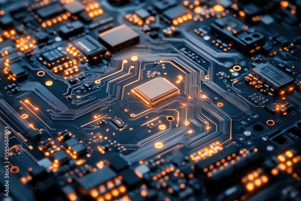 Poster electronic circuit board background showcasing intricate components and illuminated pathways in a mo