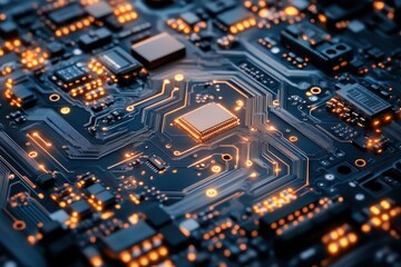 Obraz premium Electronic circuit board background showcasing intricate components and illuminated pathways in a modern technology setting