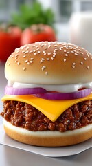 Close-up of a juicy sloppy joe sandwich