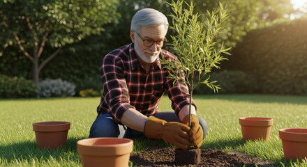 Senior Man Planting a Tree in His Garden A Symbol of Growth and Renewal