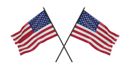 Two crossed American flags waving on poles against a transparent background waving